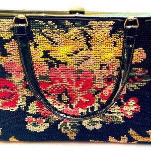 Vintage Boho Hippie Floral Chenille Carpet Tapestry Purse Hand Bag LW Black Mult